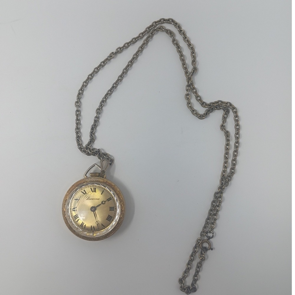 Vintage Lucerne Women Gold Tone Watch Mechanical Necklace Roman Numeral untested